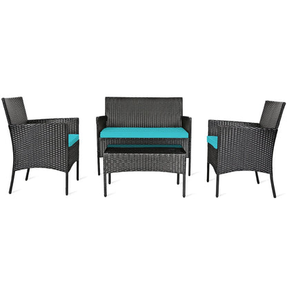 Gymax 4PCS Outdoor Furniture Set Patio Rattan Conversation Set w/Turquoise Cushion