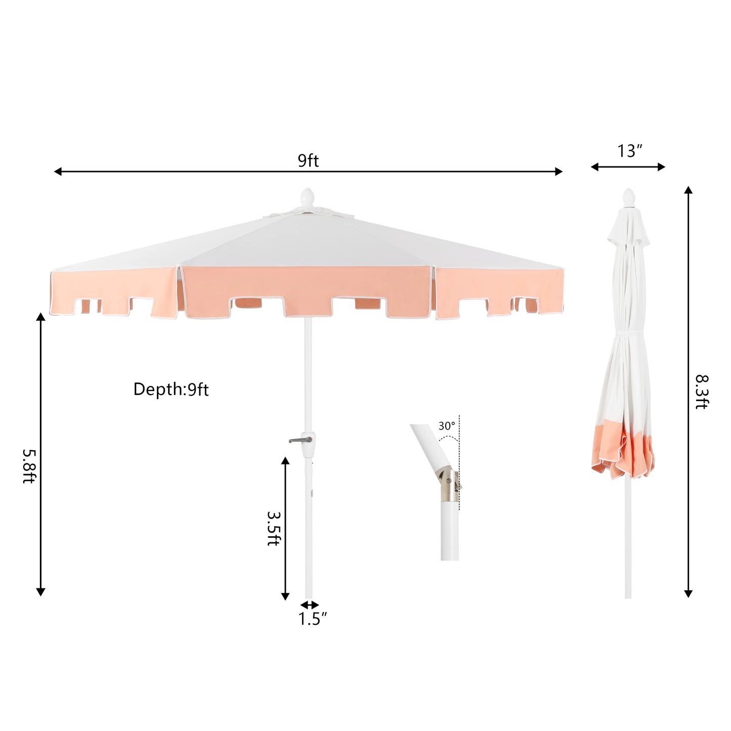 JONATHAN Y Baiona 9 ft. Market Patio Umbrella, Classic Mid-Century with UV Protection, Auto-Tilt, Crank and Wind Vent, White/Coral Pink