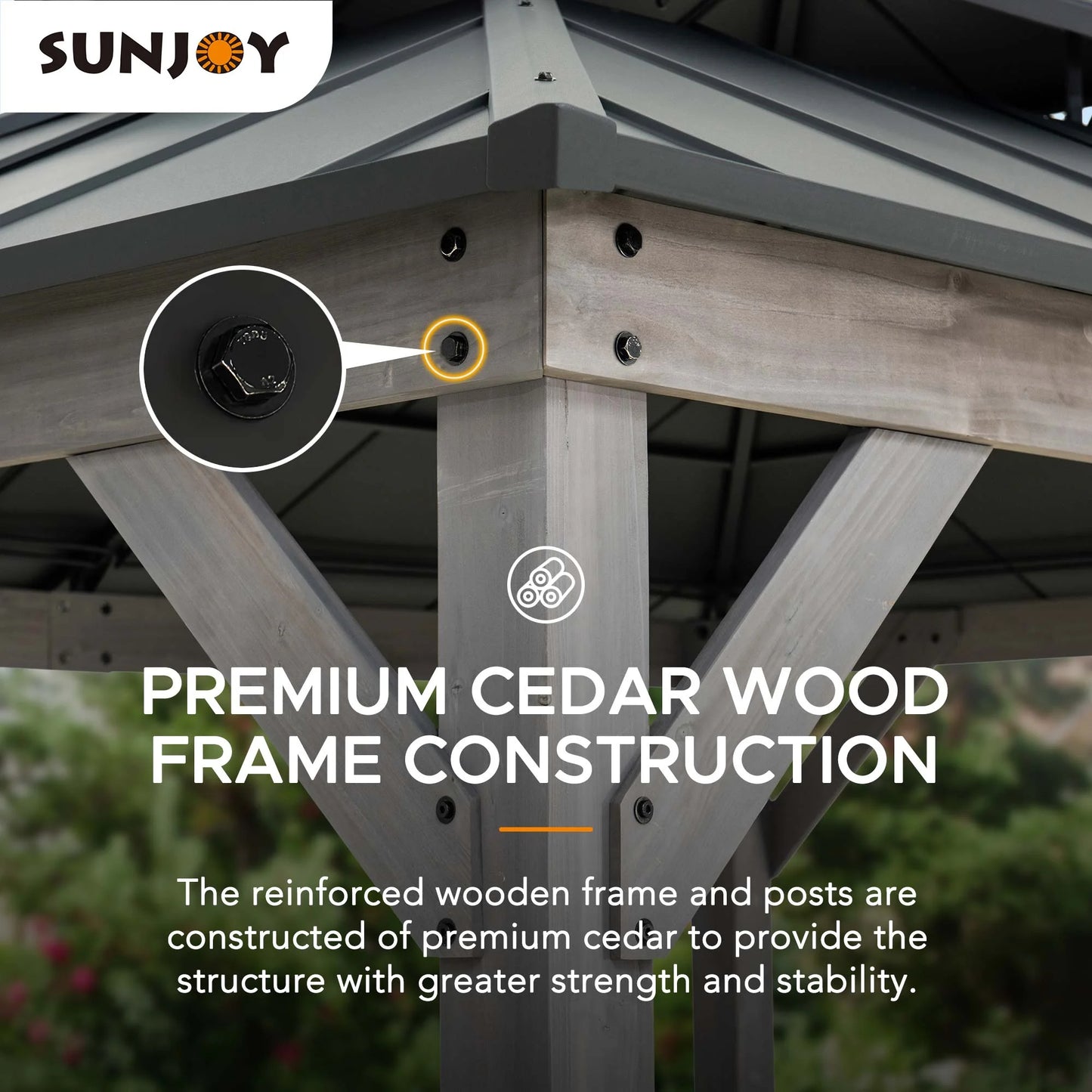 SUNJOY 10 x 12 ft. Wood Gazebo, Outdoor Patio Steel Hardtop Gazebo, Cedar Framed Wooden Gazebo with 2-Tier Metal Roof, Suitable for Patios, Lawn and Backyard, Matte Black Roof + Gray Wood Frame