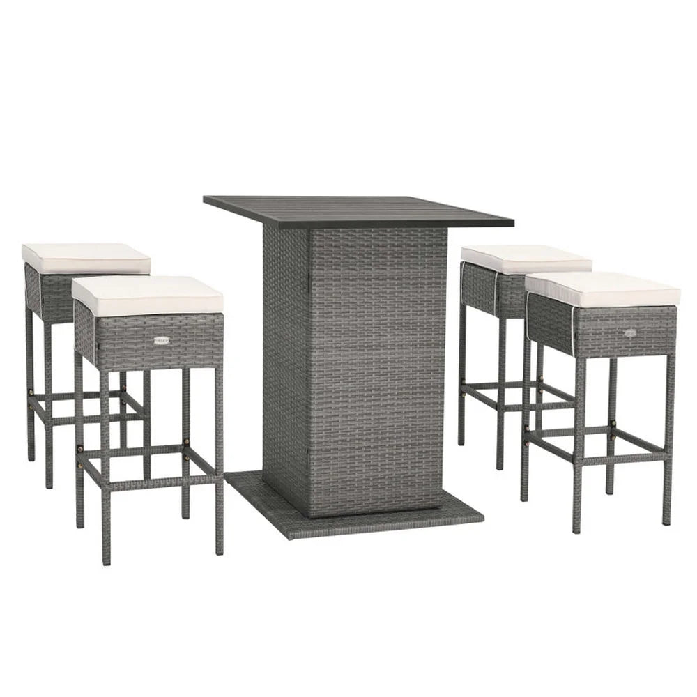 Spaco 5 Pieces Outdoor Wicker Bar Table Set of A Bar Table and 4 Cushioned Bar Stools, Table Set with Hidden Storage Shelves, Bar Table Set for Outdoor as Garden, Patio, White