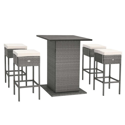 Spaco 5 Pieces Outdoor Wicker Bar Table Set of A Bar Table and 4 Cushioned Bar Stools, Table Set with Hidden Storage Shelves, Bar Table Set for Outdoor as Garden, Patio, White