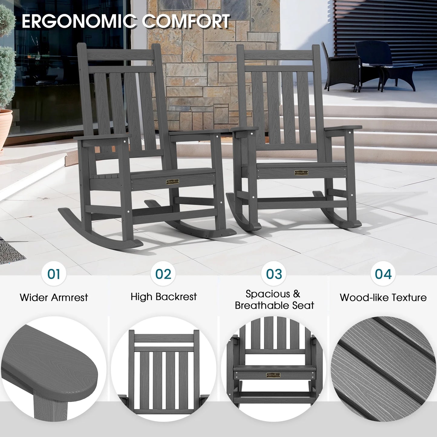 SERWALL Outdoor Rocking Chair, HDPE Patio Rocker for Lawn, Porch, Grey