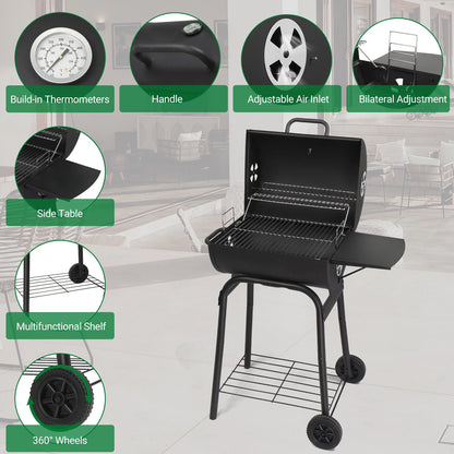 SEEKOL Barrel Charcoal Grill with Side Table, BBQ Grill Outdoor Smoker Grill with Wheels for Party Garden Patio and Backyard Cooking