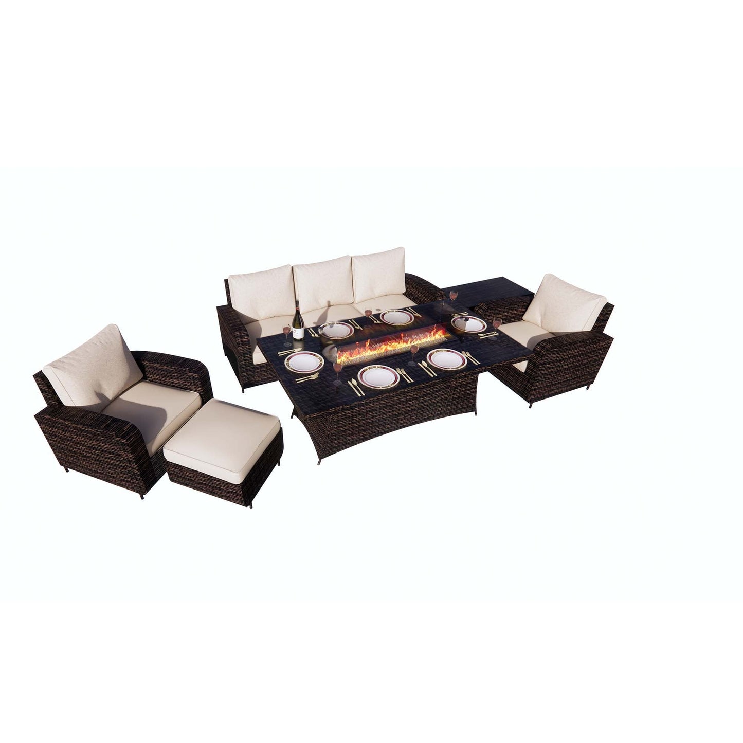 Direct Wicker 6-Piece Outdoor Patio Furniture Set with 72" Gas Propane Fire Pit Table Rattan Sectional Sofa Conversation Sets, Brown