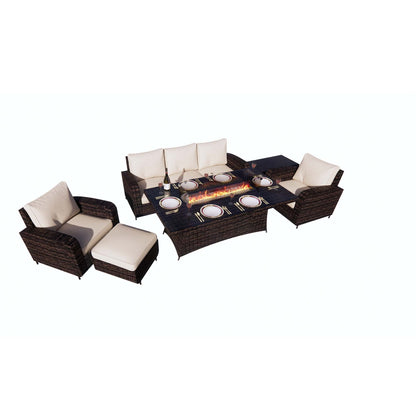 Direct Wicker 6-Piece Outdoor Patio Furniture Set with 72" Gas Propane Fire Pit Table Rattan Sectional Sofa Conversation Sets, Brown