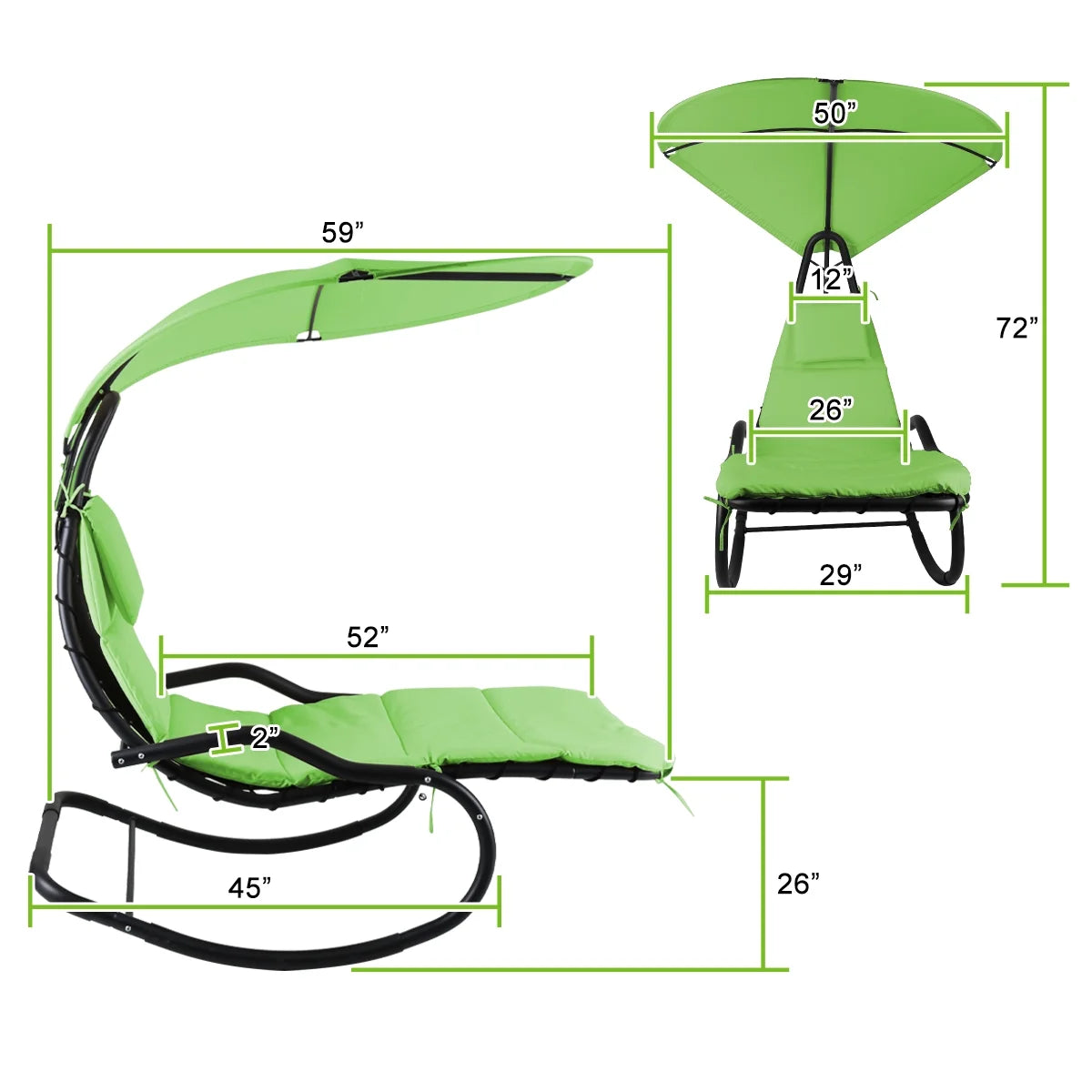 2X Rocking Hanging Lounge Chair - Curved Chaise Rocking Lounge Chair Swing For Backyard Patio w/Built-in Pillow Removable Canopy with stand {Green}