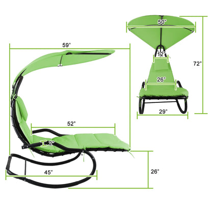 2X Rocking Hanging Lounge Chair - Curved Chaise Rocking Lounge Chair Swing For Backyard Patio w/Built-in Pillow Removable Canopy with stand {Green}