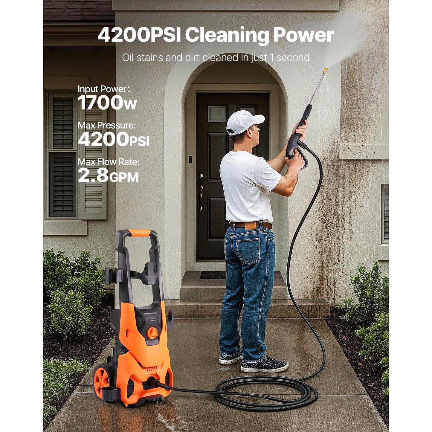 VEVOR Electric Pressure Washer, 4200 PSI Max 2.8 GPM Power Washer with 20 ft Hose, 4 Quick-Connect Nozzles and Foam Cannon, Suitable for Cars, Fences, Driveways, Patios