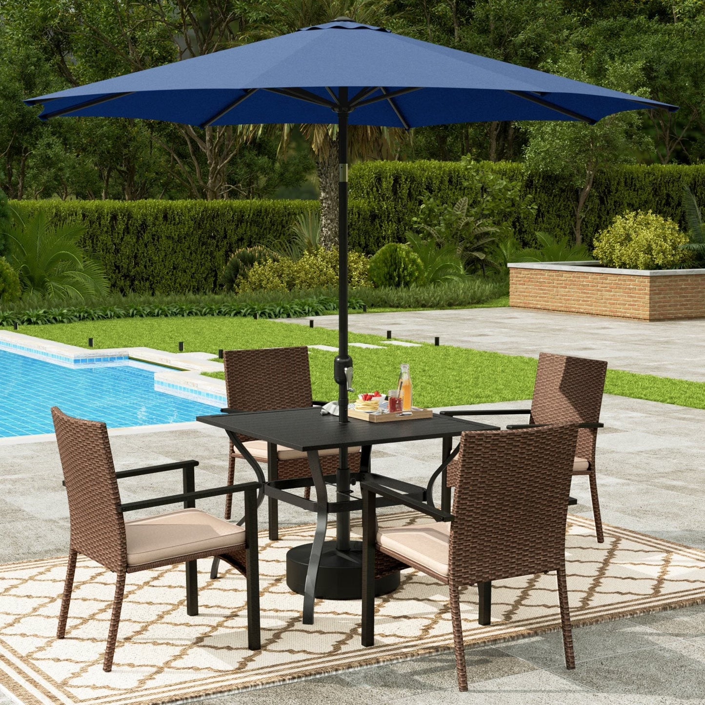 Alpha Joy 8-Piece Outdoor Patio Dining Set with 13 ft Umbrella, Rattan Chairs & Rectangle Table Set for 6, Beige Umbrella