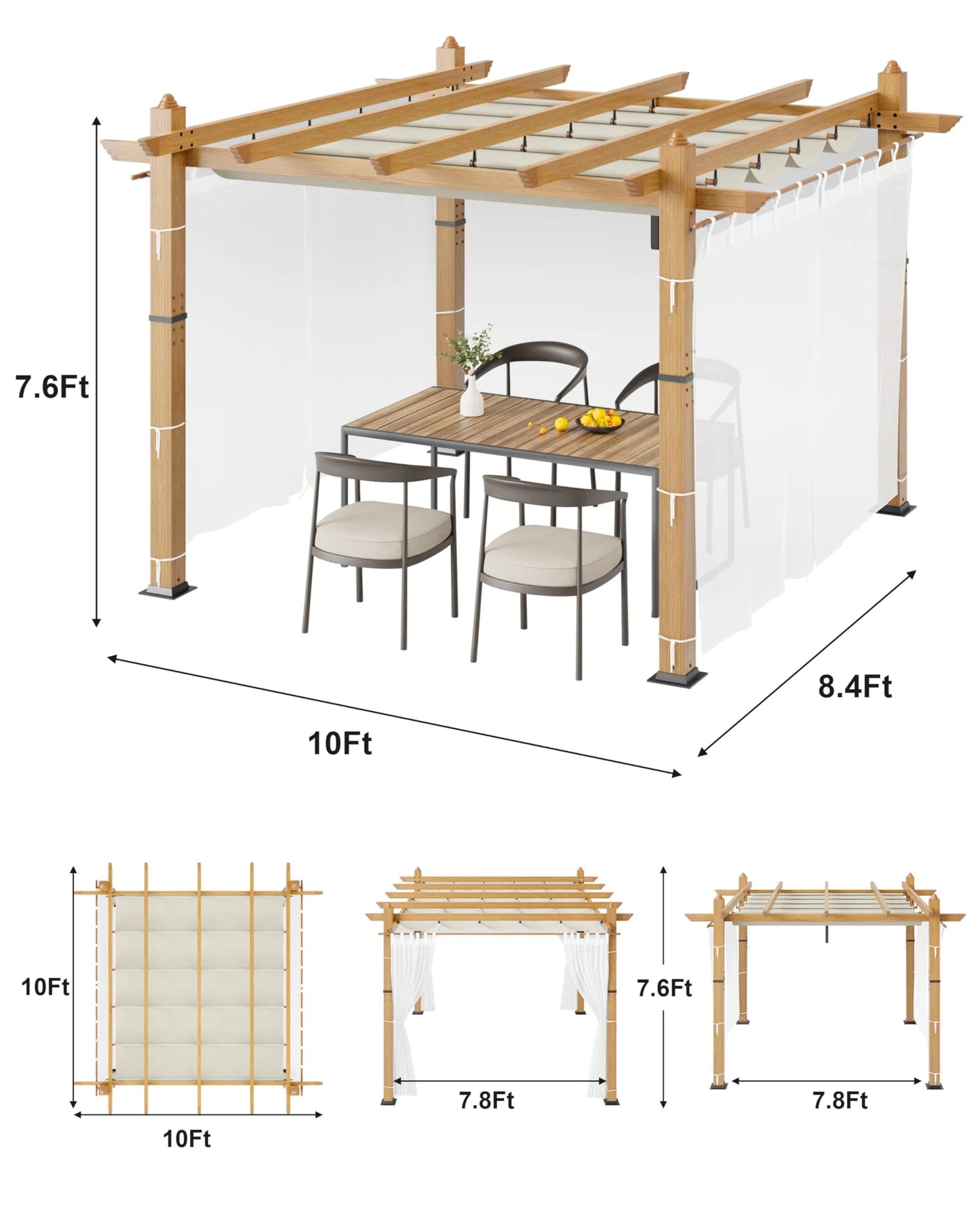 Luku 10 x 13 Ft Wood-Grain Aluminum Pergola Outdoor Pergola with Retractable Canopy Sun Shade Shelter for Garden, Patio, Backyard, Deck