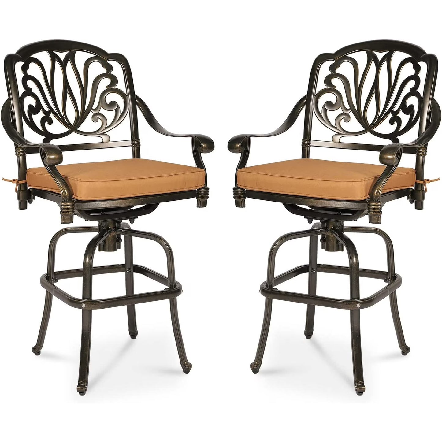 MEETWARM 2 Piece Outdoor Patio Swivel Bar Stools, All-Weather Cast Aluminum Bar Height Bistro Chairs, Outdoor Furniture Bar Dining Chair Set with Cushions for Garden Deck Backyard, Dark Bronze