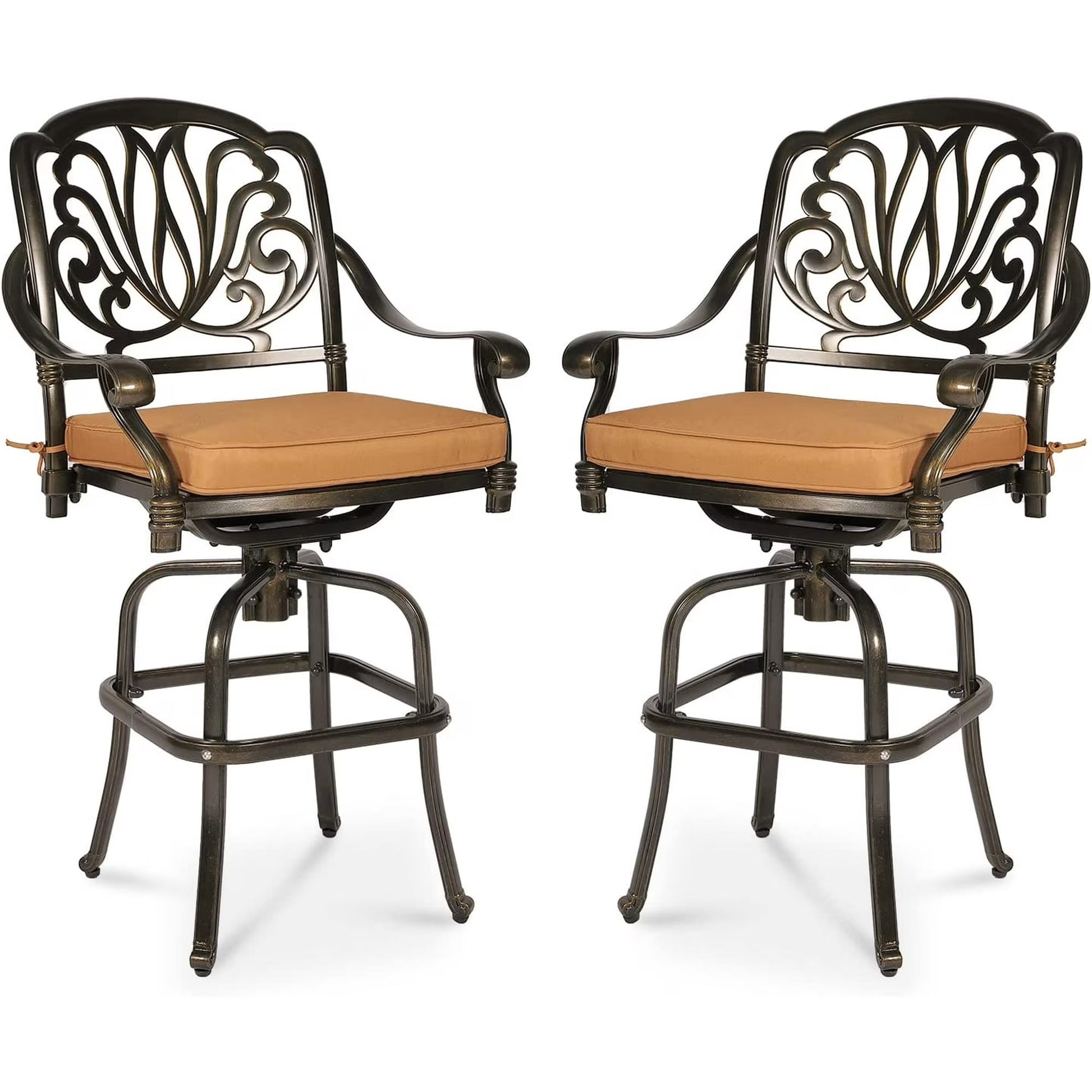 MEETWARM 2 Piece Outdoor Patio Swivel Bar Stools, All-Weather Cast Aluminum Bar Height Bistro Chairs, Outdoor Furniture Bar Dining Chair Set with Cushions for Garden Deck Backyard, Dark Bronze