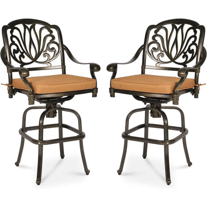 MEETWARM 2 Piece Outdoor Patio Swivel Bar Stools, All-Weather Cast Aluminum Bar Height Bistro Chairs, Outdoor Furniture Bar Dining Chair Set with Cushions for Garden Deck Backyard, Dark Bronze