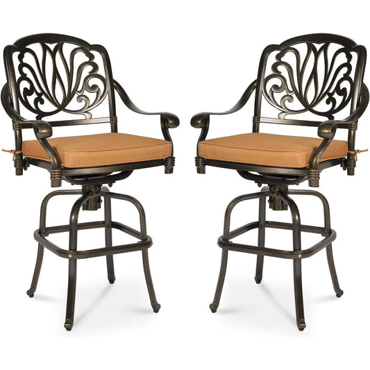 MEETWARM 2 Piece Outdoor Patio Swivel Bar Stools, All-Weather Cast Aluminum Bar Height Bistro Chairs, Outdoor Furniture Bar Dining Chair Set with Cushions for Garden Deck Backyard, Dark Bronze