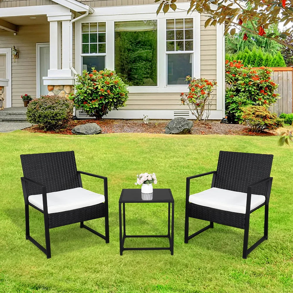 Seizeen Outdoor Furniture Set, 3 PCS Rattan Conversation Set for 2, Cushioned Patio Sofa Set W/2 Arm Chairs & 1 Table for Garden Pool Porch Deck