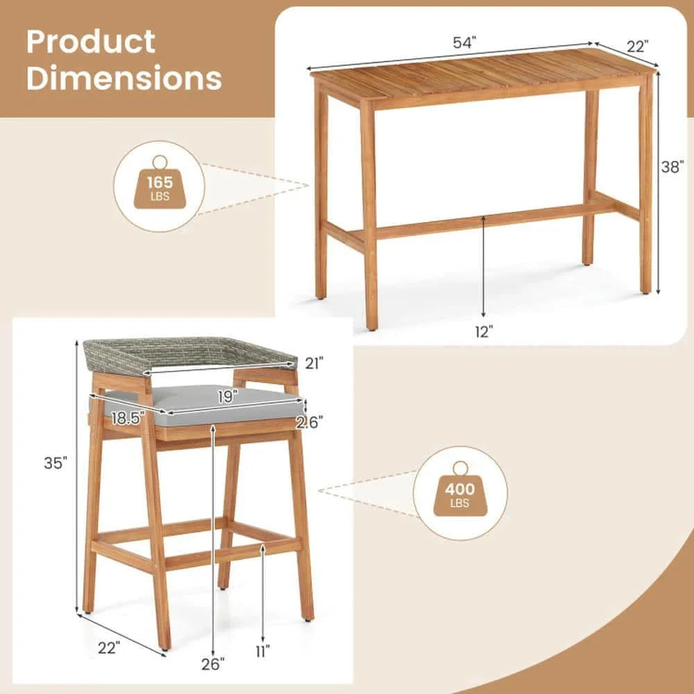 Demifill Acacia Wood Counter Height Table, Patio Bar Furniture with Slatted Tabletop and Footrest Crossbar for Outdoor as Garden, Backyard, Porch, Brown