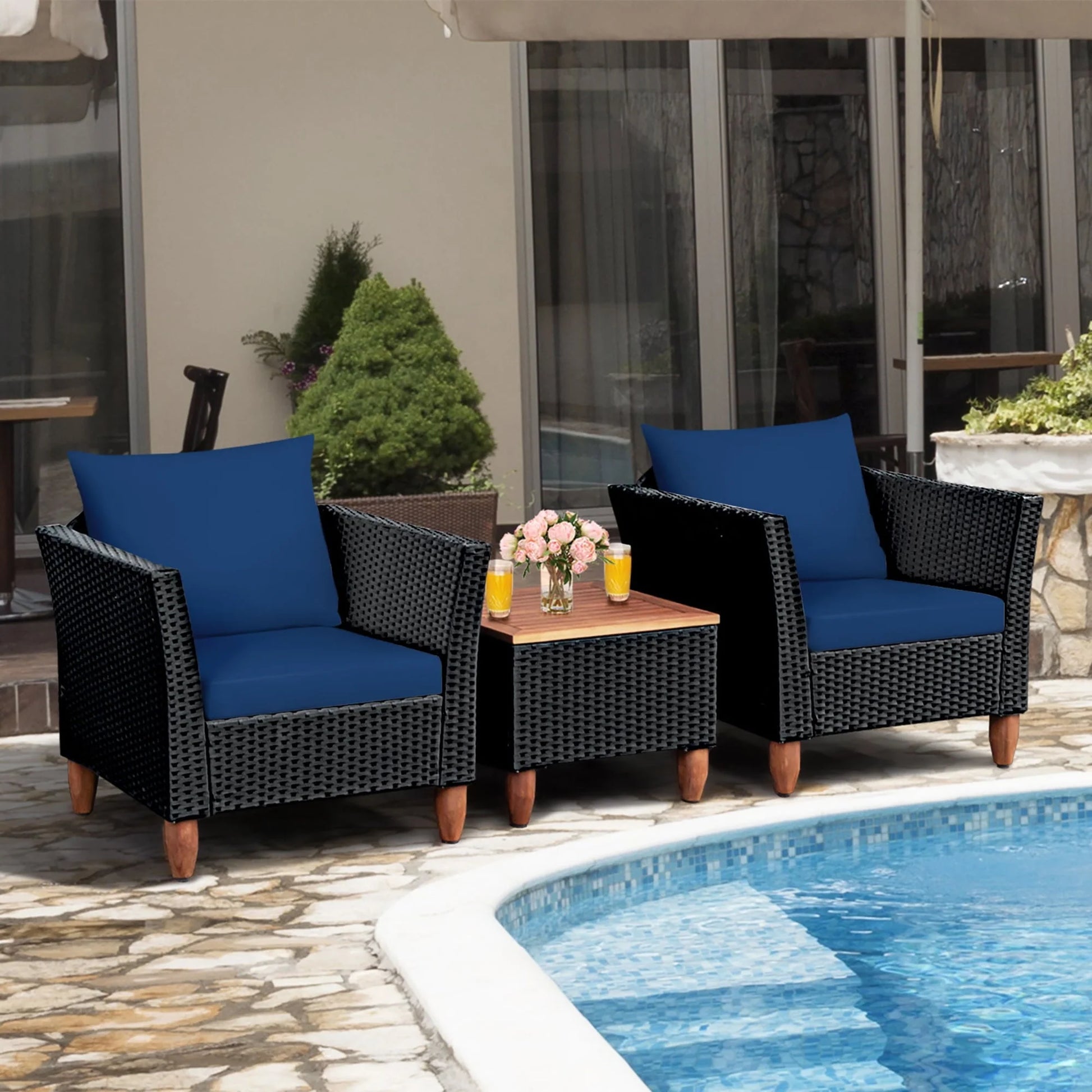 Costway 3PCS Outdoor Patio Rattan Furniture Set Wooden Table Top Cushioned Sofa Navy