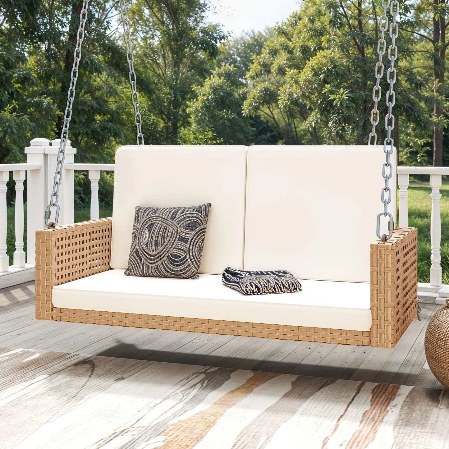 Uforic 2-Person Patio Rattan Hanging Porch Swing Bench Chair Cushion - Beige