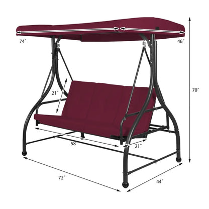 GVN 3 Seats Converting Outdoor Swing Canopy Hammock with Adjustable Tilt Canopy-Black, Porch Swing Hanging Bench, Outdoor Swing Bench for Patio, Yard, Garden
