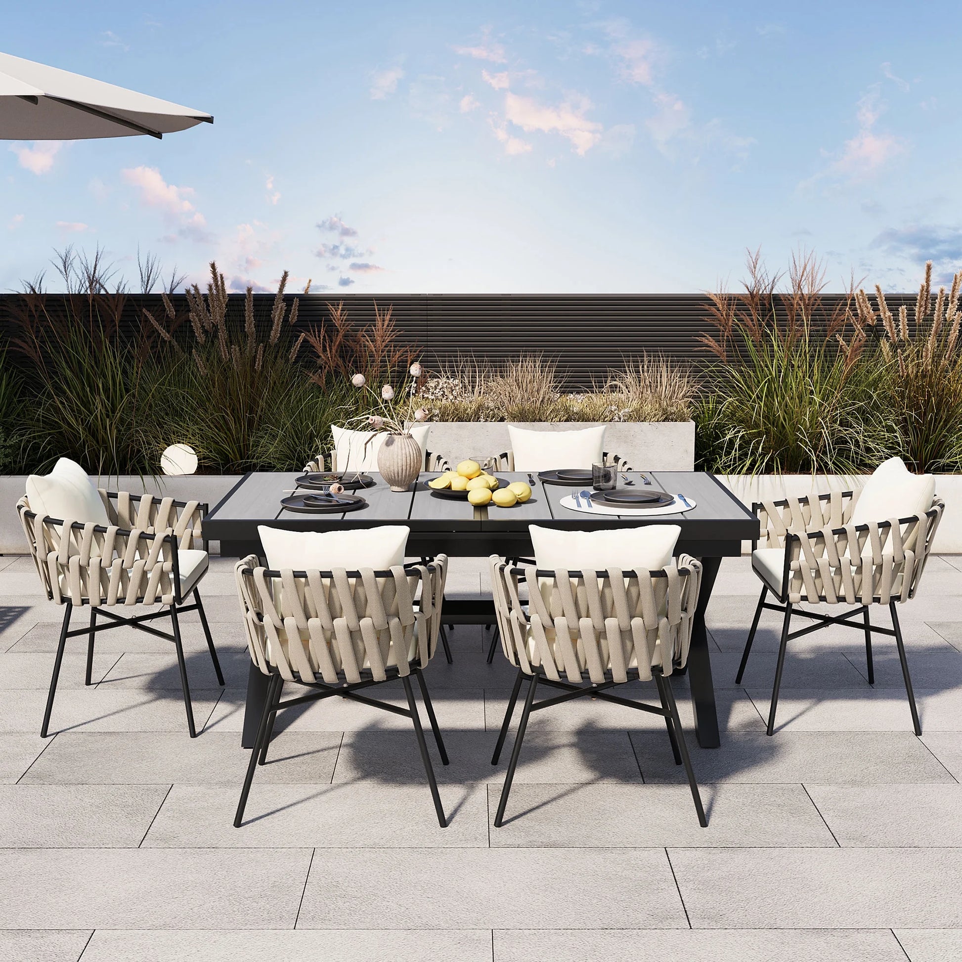 Harper & Bright Designs 7 Pieces Metal Outdoor Dining Table and Chairs Set for 6, All-Weather Patio Dining Furniture with 6 Woven Tape Chairs for Backyard Garden Balcony, Gray, Natural