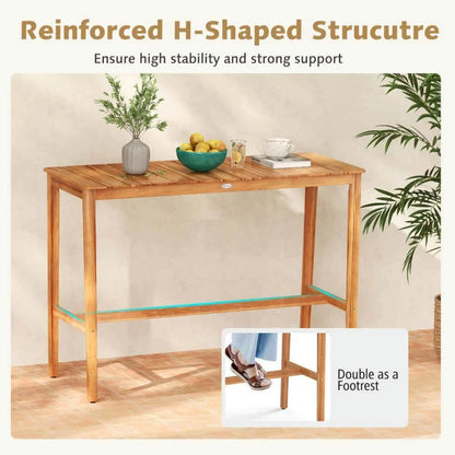 Demifill Acacia Wood Counter Height Table, Patio Bar Furniture with Slatted Tabletop and Footrest Crossbar for Outdoor as Garden, Backyard, Porch, Brown