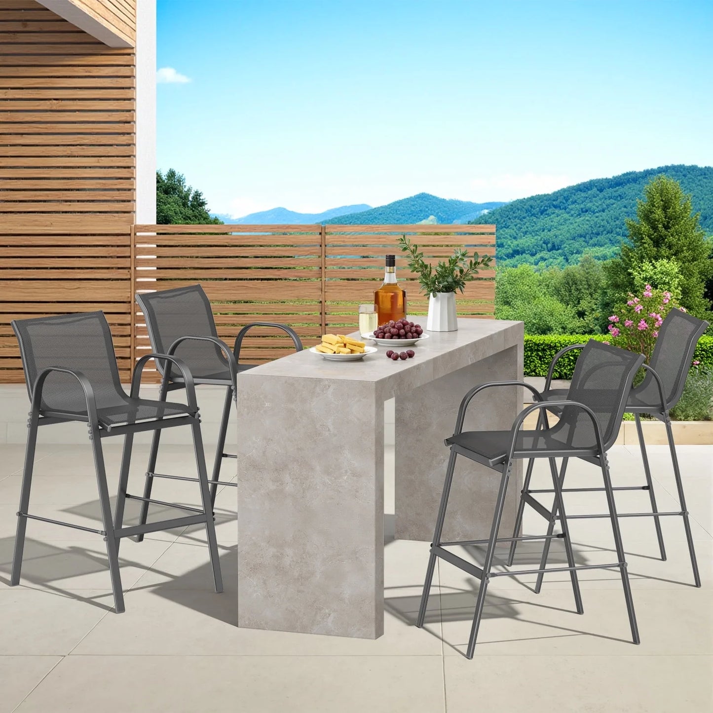 Dovov Outdoor Bar Stools Set of 4, Patio Bar Height Stool Outdoor Textilene Bar Chairs All Weather Patio Barstools for Garden Poolside Backyard Balcony Porch Lawn Deck, Gray