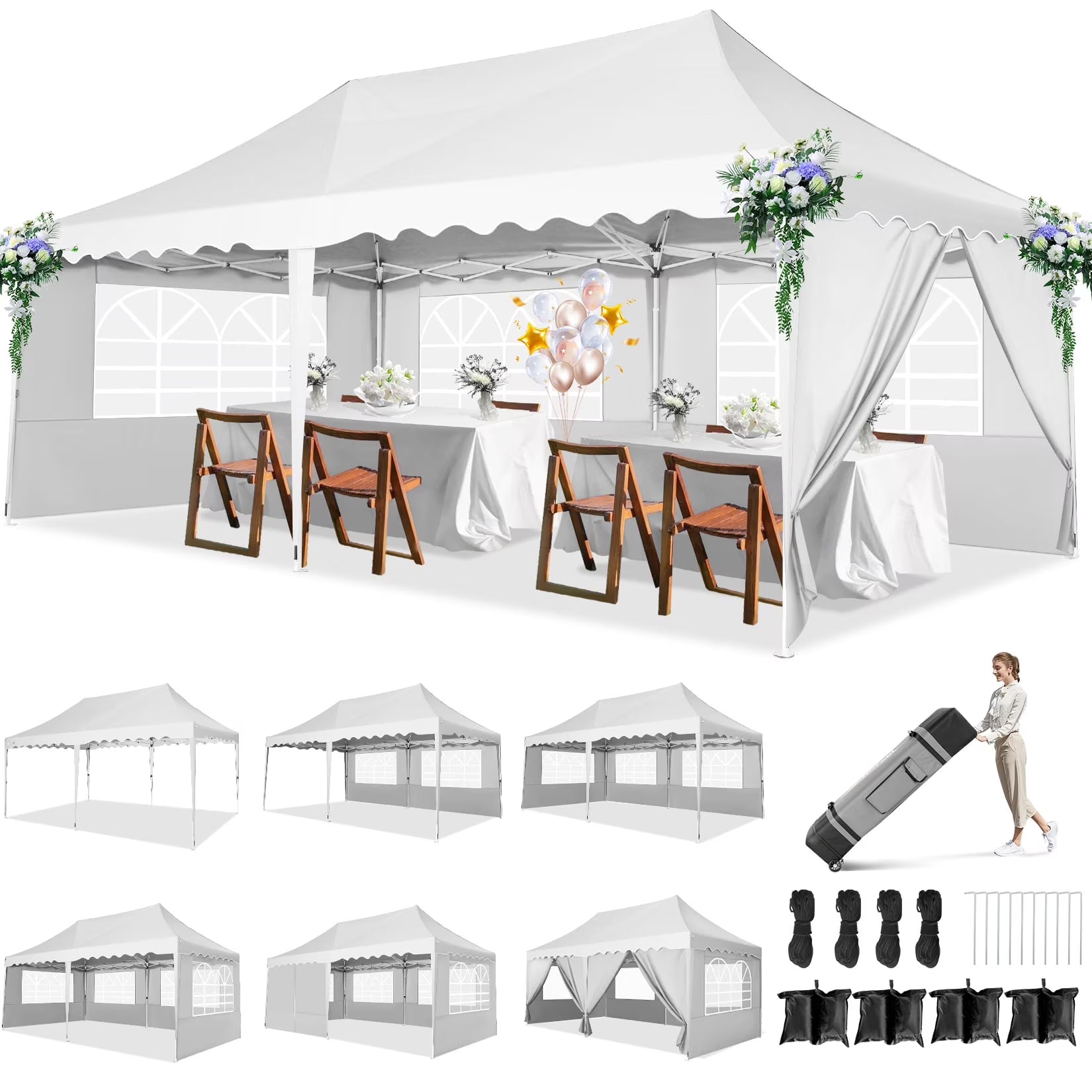HOTEEL 10x20 Pop up Canopy Tents with Removeble Sidewalls,Outdoor Gazebo with Wheeled Bag & 4 Sandbags,for Patio,Wedding,Backyard,Camping,Parties,Event,Black