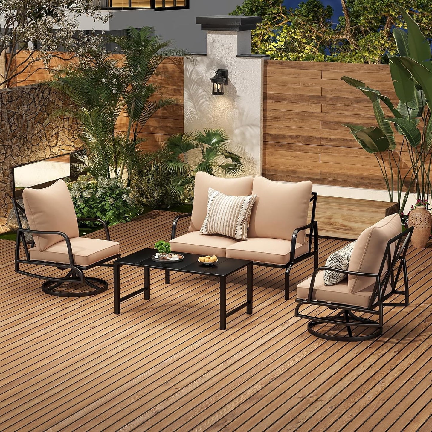 STARY Patio Furniture Set, 4 Piece Outdoor Patio Furniture Set, 2 x Outdoor Swivel Chair, 1 x 2-Seats Sofa and 1 x Coffee Table, Metal Conversation Set for Porch, Balcony, and Backyard