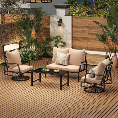 STARY Patio Furniture Set, 4 Piece Outdoor Patio Furniture Set, 2 x Outdoor Swivel Chair, 1 x 2-Seats Sofa and 1 x Coffee Table, Metal Conversation Set for Porch, Balcony, and Backyard