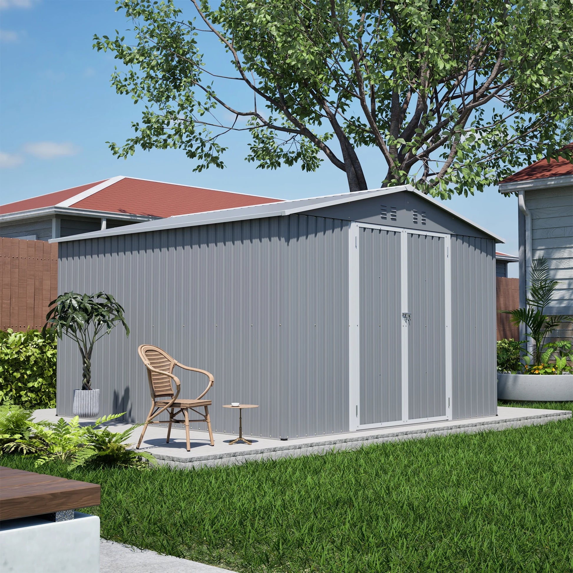 LZBEITEM 10 x 10 ft Outdoor Storage Shed with Floor Frame Kit, Galvanized Steel Garden Sheds, Garden Tool Shed with Double Lockable Doors for Backyard Patio Lawn, Grey
