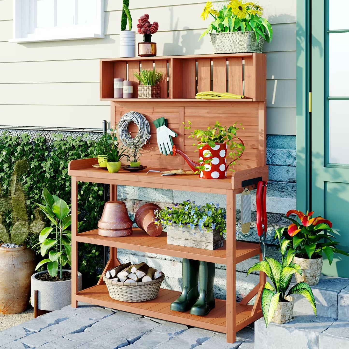 65" Outdoor Potting Bench Table, Farmhouse Wooden Garden Patio Workstation with 4 Storage Shelves and 3 Side Hooks, Multifunctional Potting Planting Table for Mudroom, Backyard, Natural