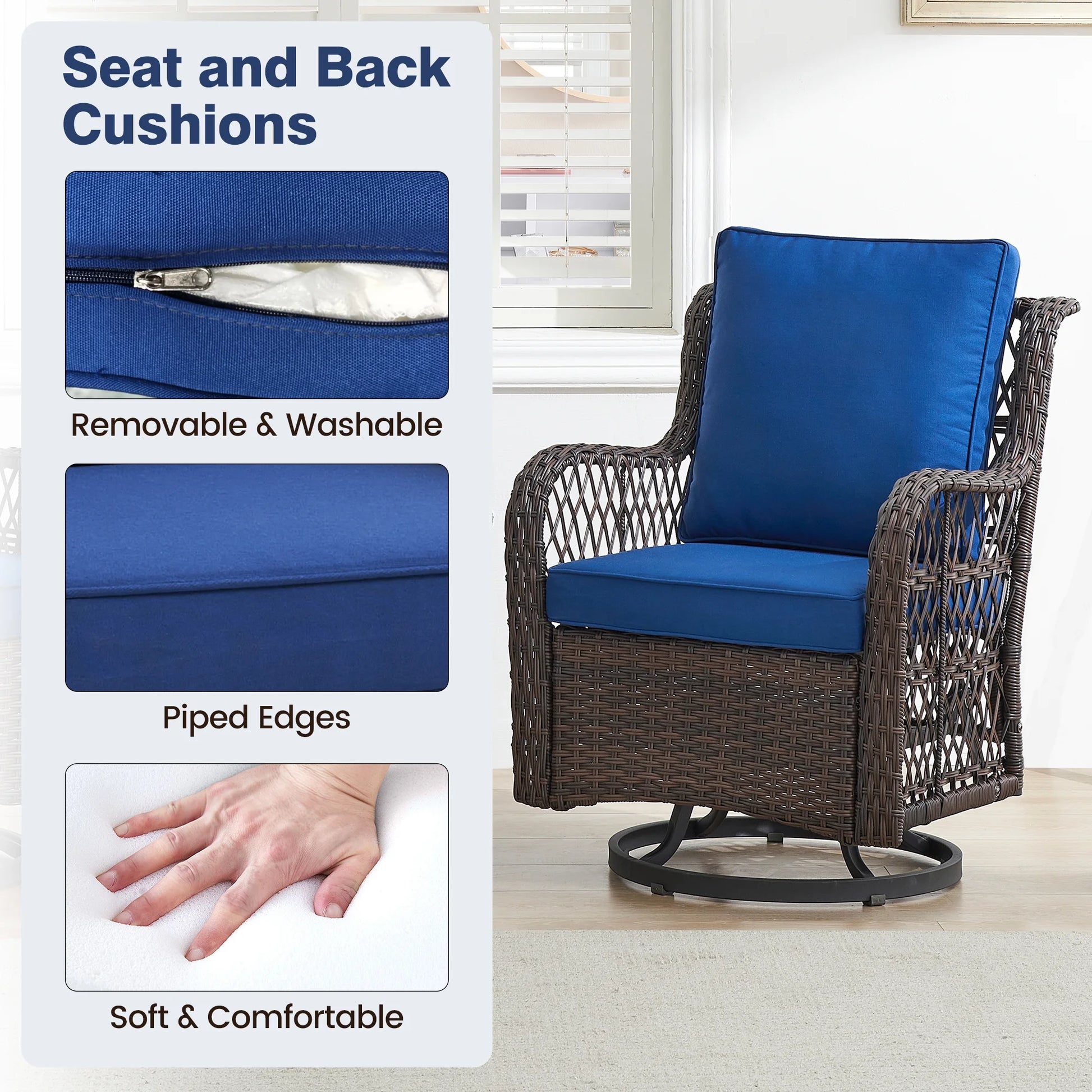 Twister.CK 3 Pieces Patio Furniture Set, Outdoor Swivel Gliders Rocker, Wicker Patio Bistro Set with Rattan Rocking Chair, Glass Top Side Table and Thickened Cushions for Porch Deck Backyard