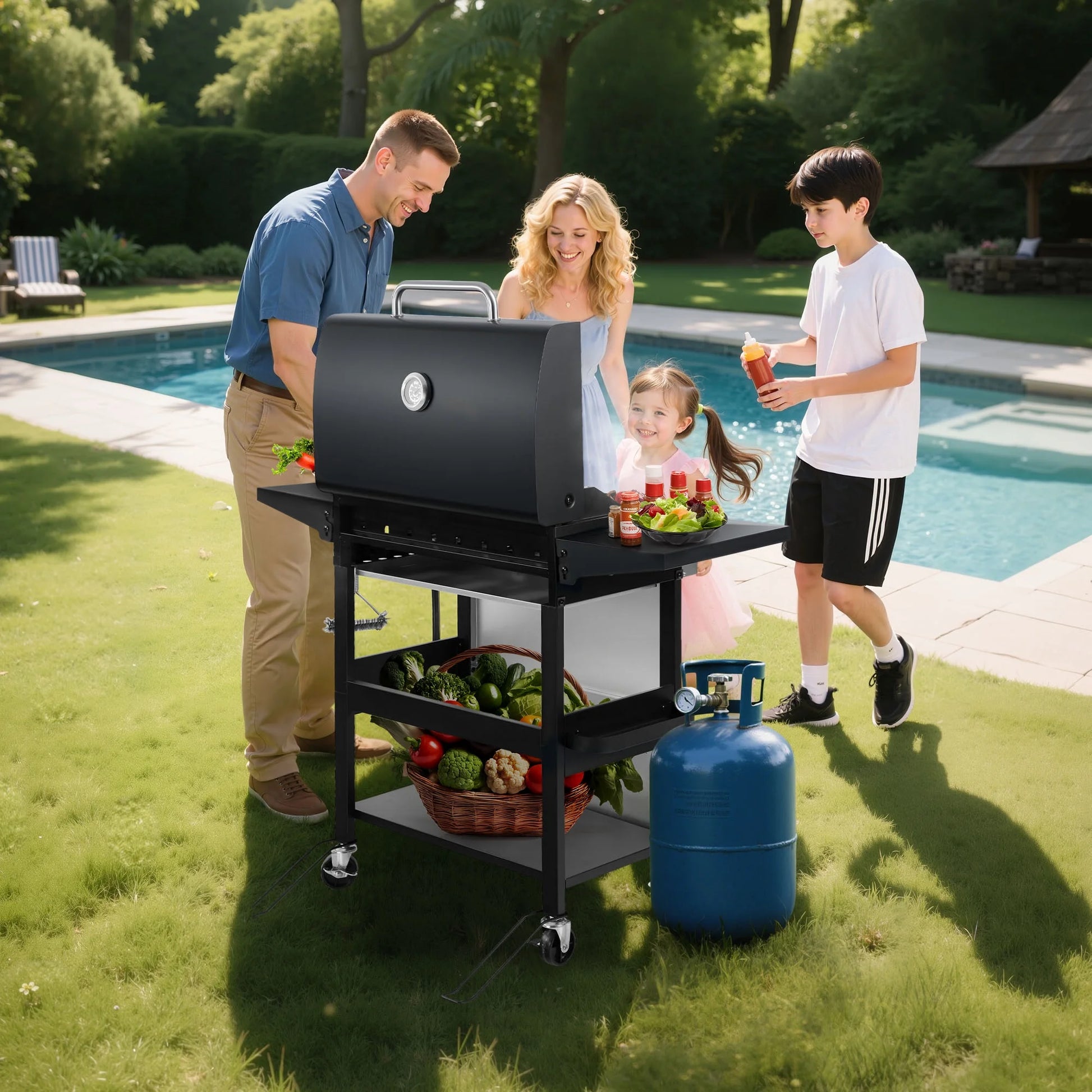 4000BTU Propane Gas Grill, Seizeen Stainless Steel 4-Burner BBQ Grill , Outdoor Patio Camping Portable Grill w/Foldable Side Table, Hanging Basket, Steel Brush, Universal Wheels