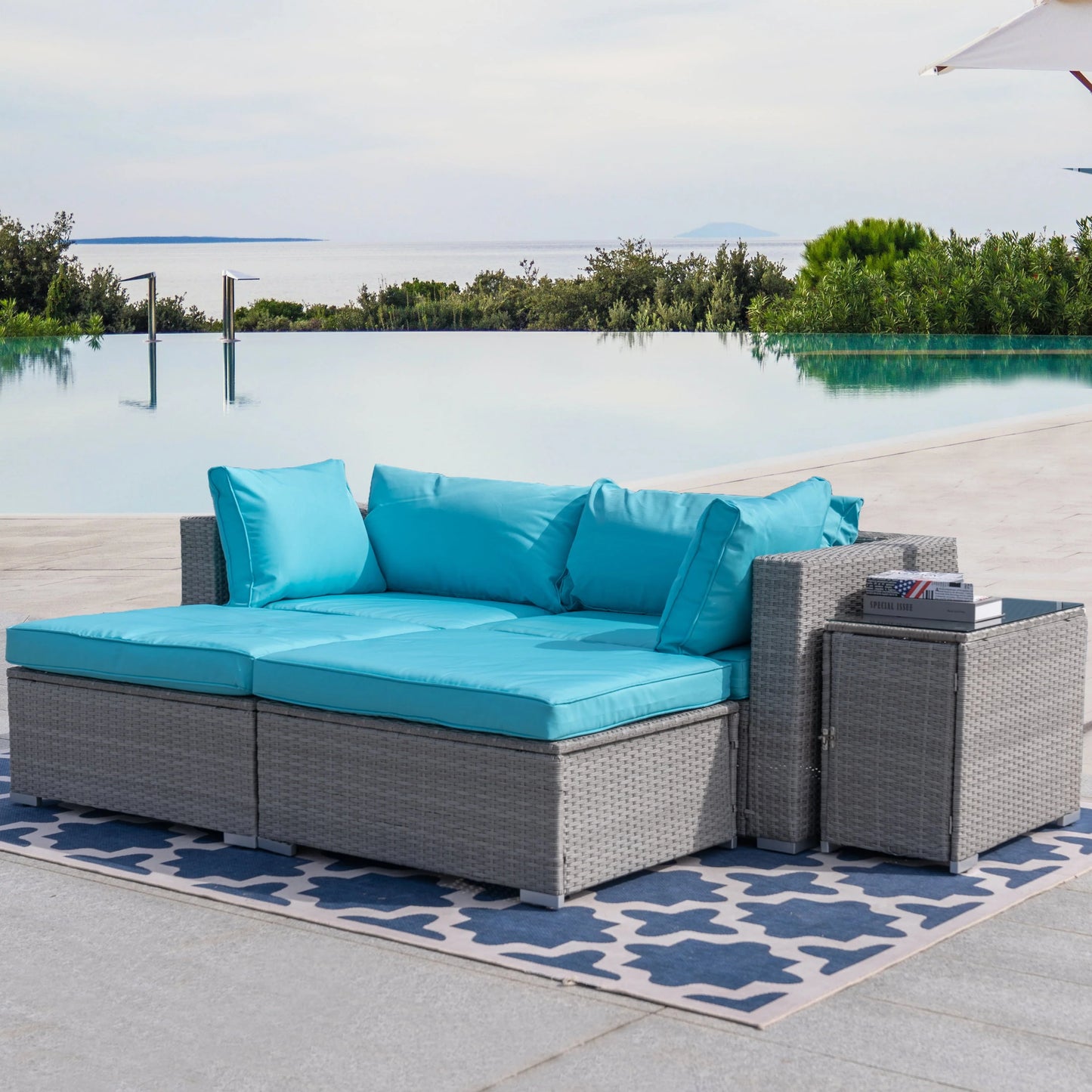 5 Pieces Outdoor Rattan Patio Sofa Set with Blue Cushions