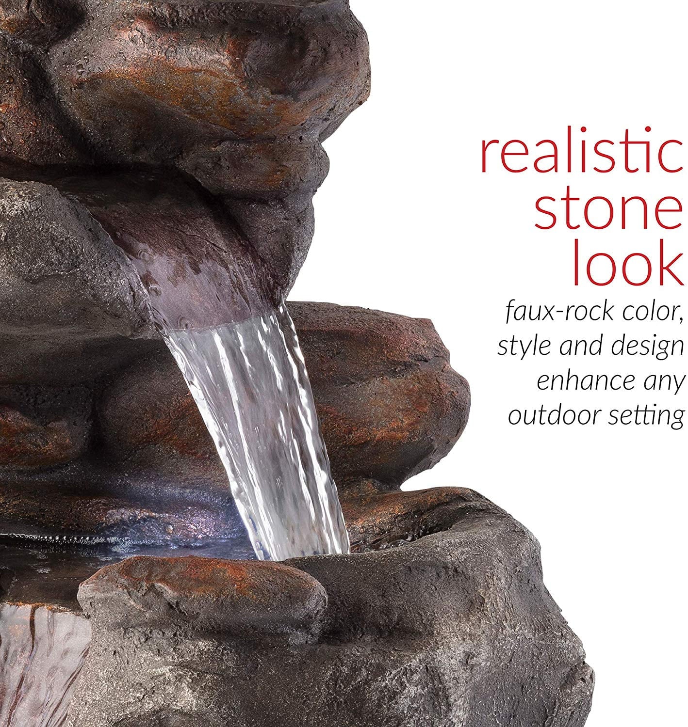 Alpine Corporation WIN1184 40" Outdoor Floor 3-Tiered Rock Waterfall Fountain with LED Lights, Natural Stone Look - Cascading Water Feature for Gardens, Patios, Yards, and Outdoor Dcor, Gray