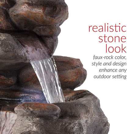 Alpine Corporation WIN1184 40" Outdoor Floor 3-Tiered Rock Waterfall Fountain with LED Lights, Natural Stone Look - Cascading Water Feature for Gardens, Patios, Yards, and Outdoor Dcor, Gray