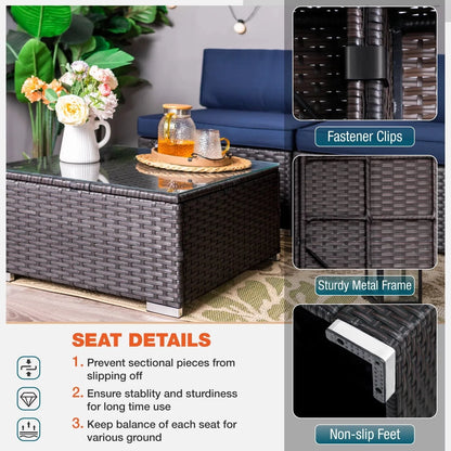 MF Studio 13 Pieces Outdoor Patio Furniture Set with 56-Inch Fire Pit Table Wicker Patio Conversation Set, Navy Blue
