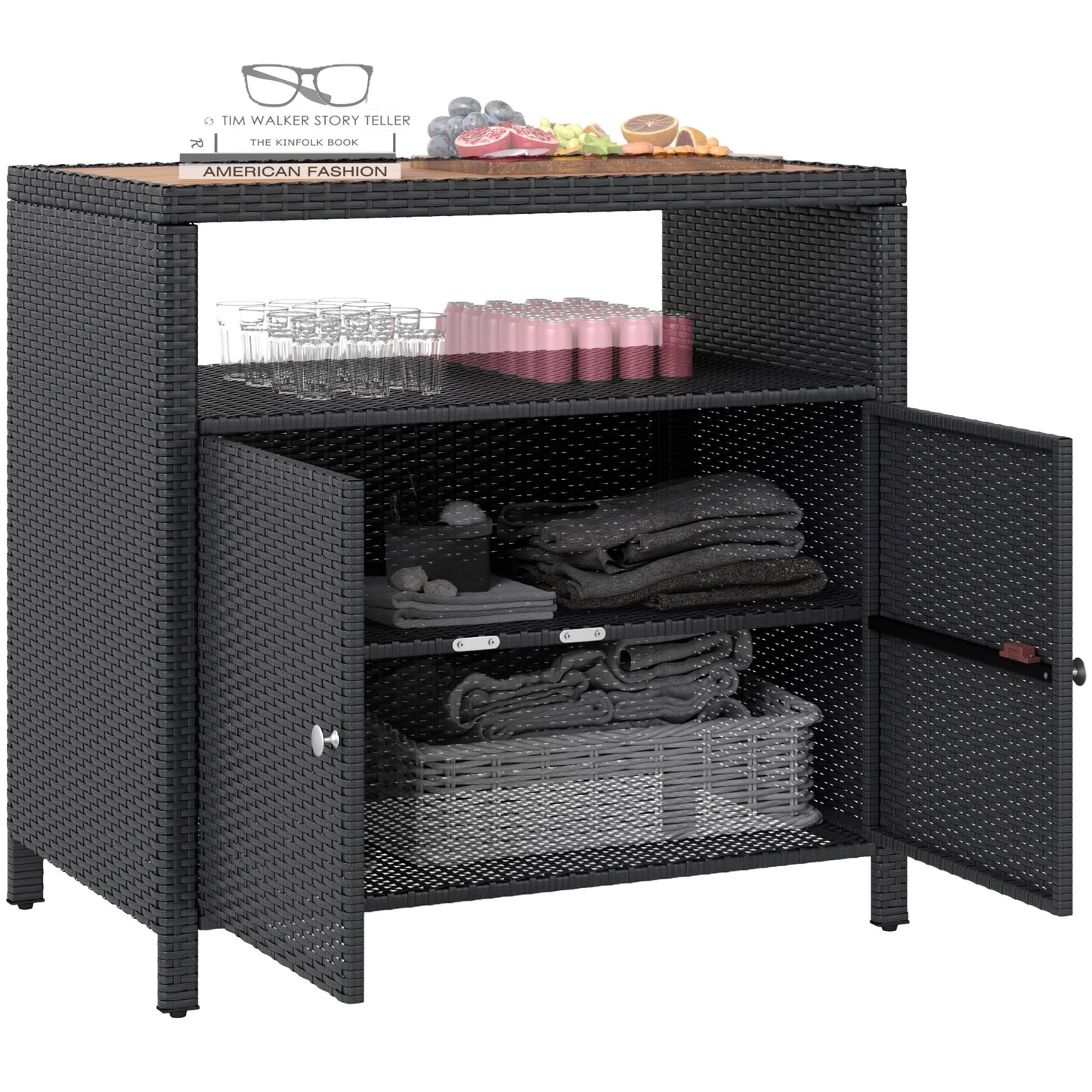 Outsunny Rattan Outdoor Storage Cabinet, Wicker Bar Table with Acacia Wood Countertop, Two Doors, Shelf, for Garden, Patio, Backyard, Black