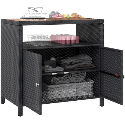 Outsunny Rattan Outdoor Storage Cabinet, Wicker Bar Table with Acacia Wood Countertop, Two Doors, Shelf, for Garden, Patio, Backyard, Black