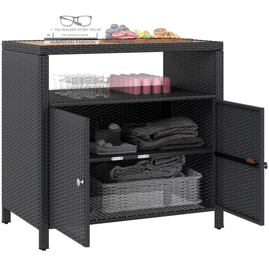 Outsunny Rattan Outdoor Storage Cabinet, Wicker Bar Table with Acacia Wood Countertop, Two Doors, Shelf, for Garden, Patio, Backyard, Black