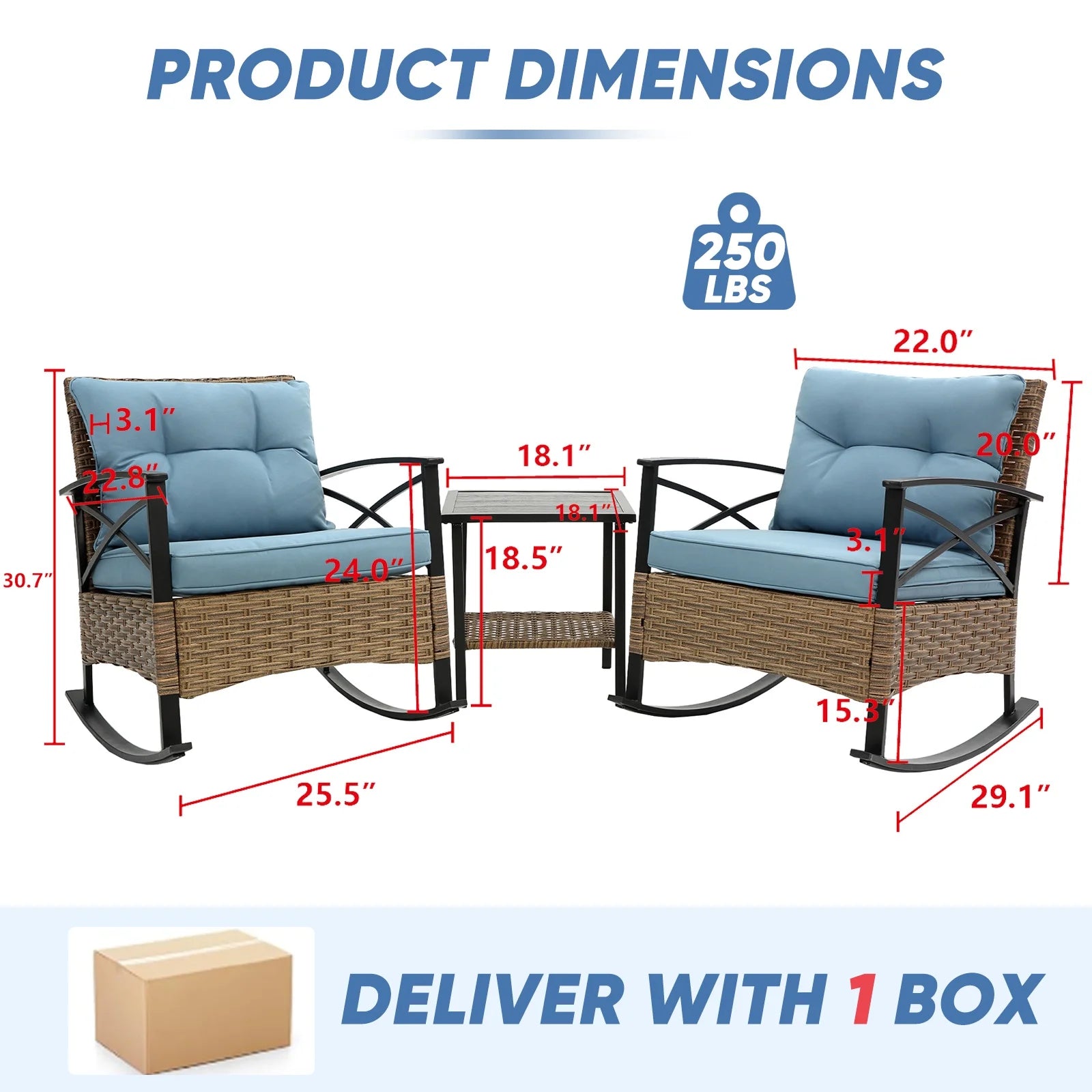 3 Pieces Patio Outdoor Conversation Set, Patio Furniture Bistro Set with 2-Tier Coffee Table, PE Wicker Rocking Chairs with Blue Cushions for for Backyard Porch Poolside