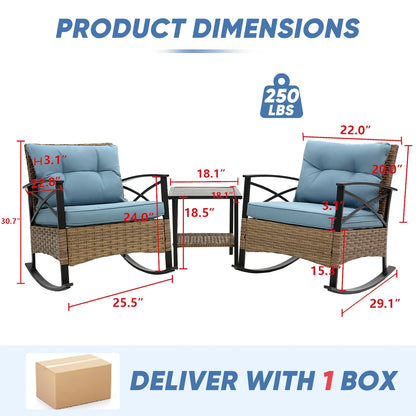 3 Pieces Patio Outdoor Conversation Set, Patio Furniture Bistro Set with 2-Tier Coffee Table, PE Wicker Rocking Chairs with Blue Cushions for for Backyard Porch Poolside