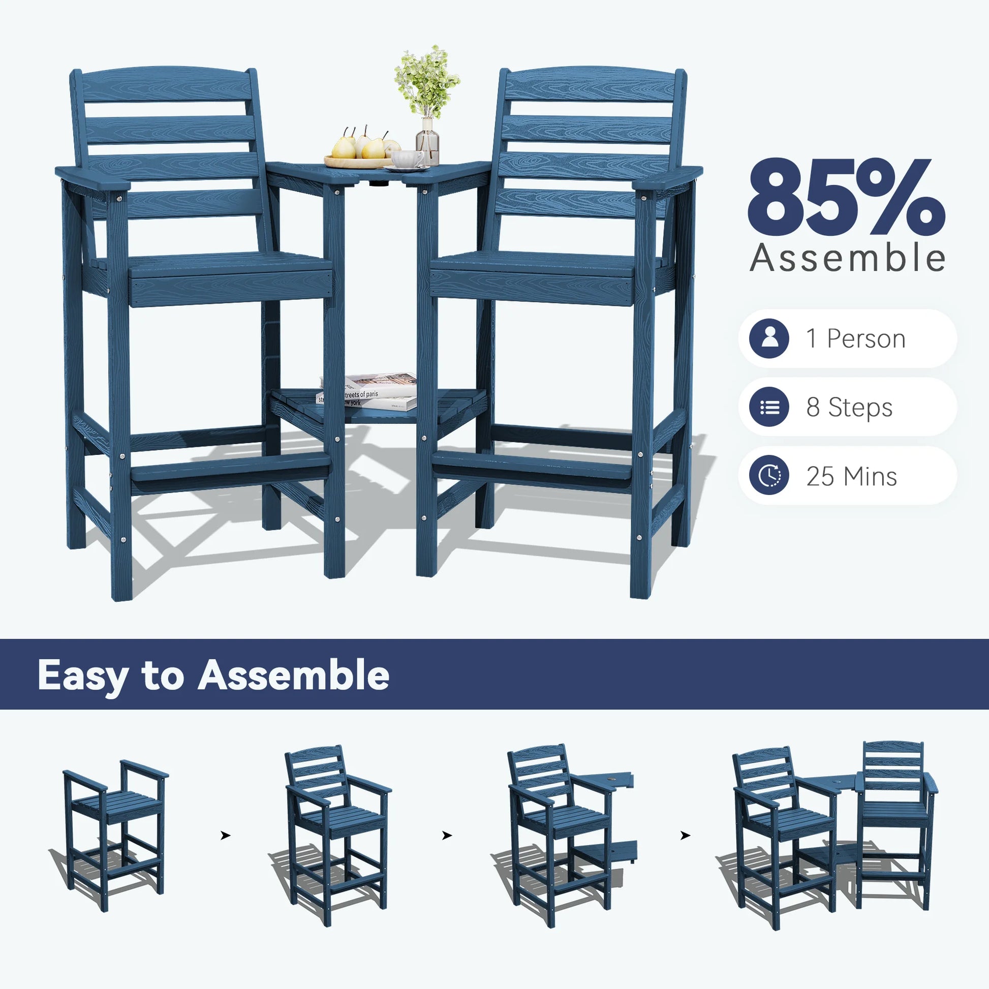 JUSTLET Tall Adirondack Chair Set of 2 with Double Connecting Tray, HDPE Outdoor Weather Resistant Patio Bar Stools for Patio, Balcony, Porch, Navy Blue