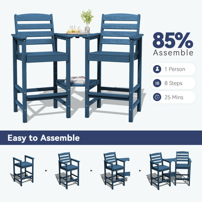 JUSTLET Tall Adirondack Chair Set of 2 with Double Connecting Tray, HDPE Outdoor Weather Resistant Patio Bar Stools for Patio, Balcony, Porch, Navy Blue