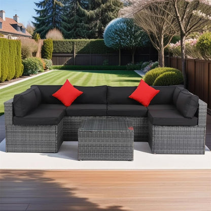 7 Piece Patio Furniture Sets Outdoor Sectional PE Rattan Outdoor Furniture Patio Conversation Set with Cushions and Glass Coffee Table, for Balcony Lawn and Garden, Gray