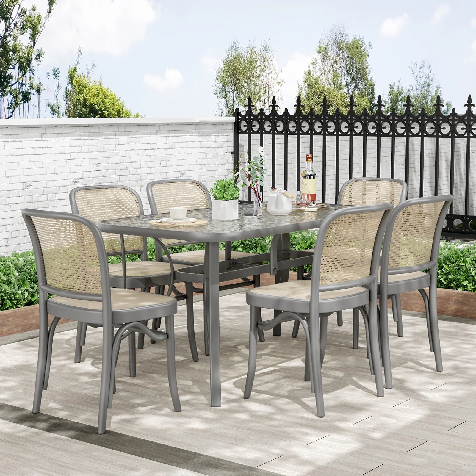 Pirecart Outdoor Glass Table with Umbrella Hole, Patio Dining Table for 6, for Garden, Balcony, Backyard, Poolside, Lawn, Gray