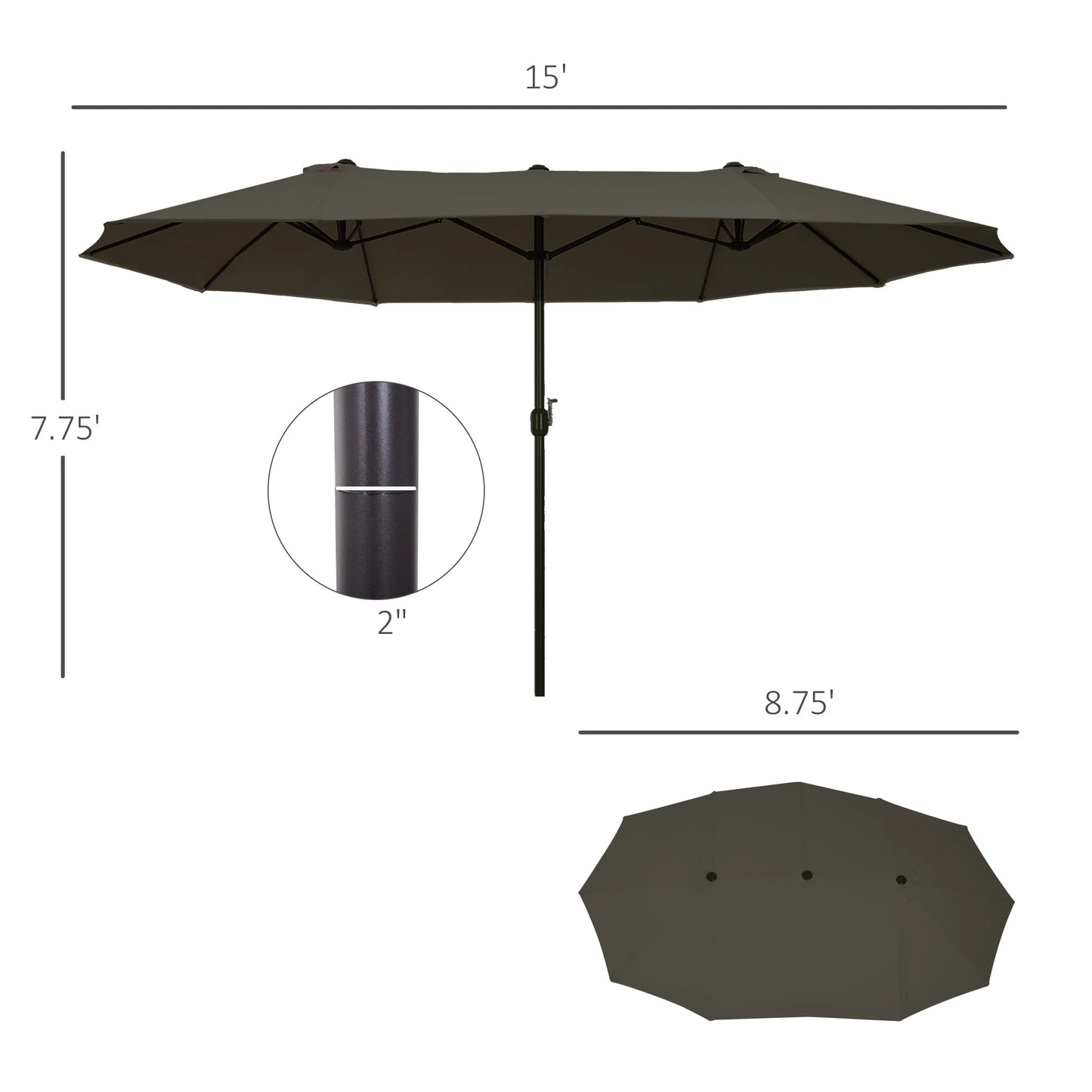 Outsunny Extra Large 15Ft Patio Umbrella,Double-Sided Outdoor Umbrella with Crank Handle and Air Vents for Backyard,Deck,Pool,Market,Gray,Gray Steel Lighting Outdoor Lighting