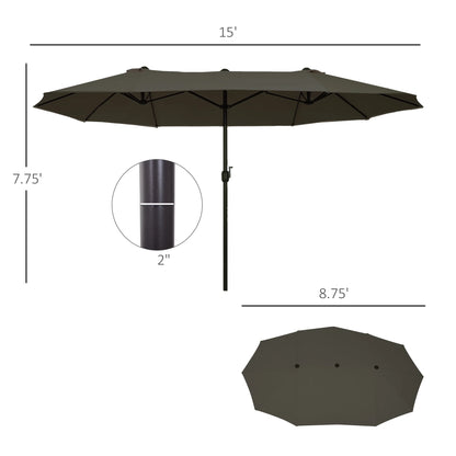 Outsunny Extra Large 15Ft Patio Umbrella,Double-Sided Outdoor Umbrella with Crank Handle and Air Vents for Backyard,Deck,Pool,Market,Gray,Gray Steel Lighting Outdoor Lighting