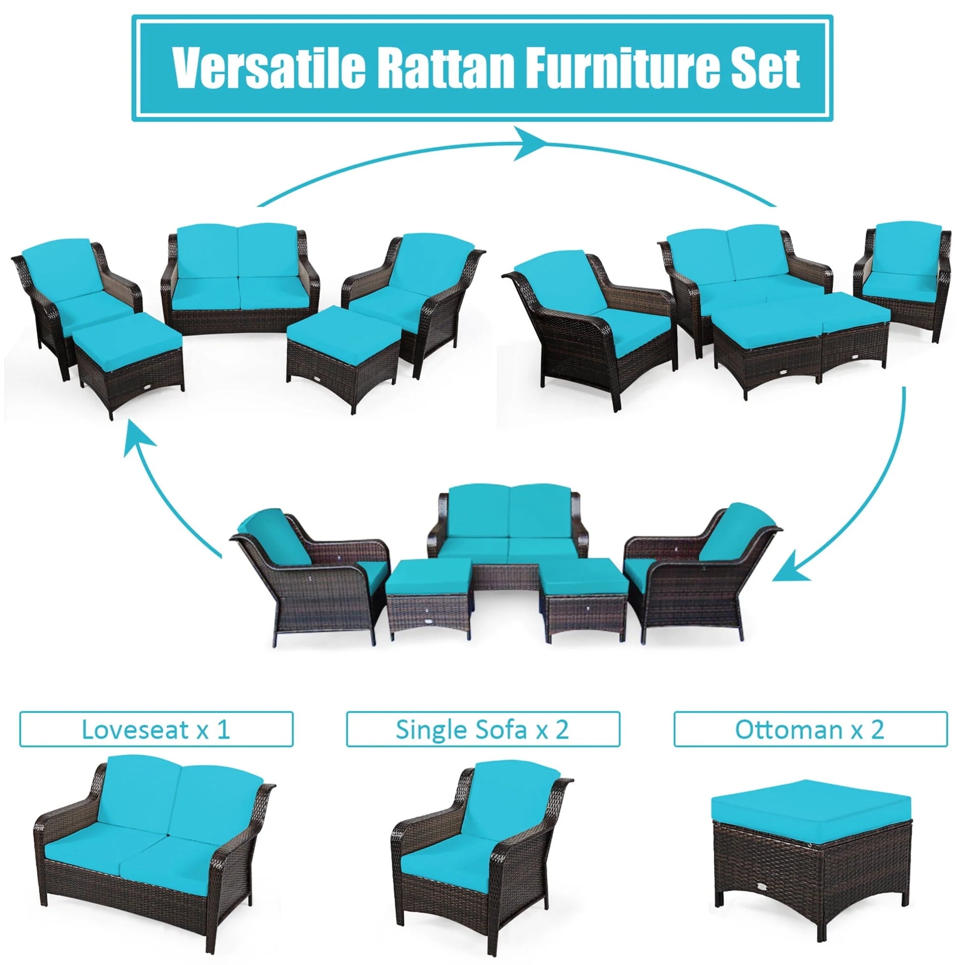 Gymax 5PCS Rattan Patio Conversation Sofa Furniture Set Outdoor w/Turquoise Cushions