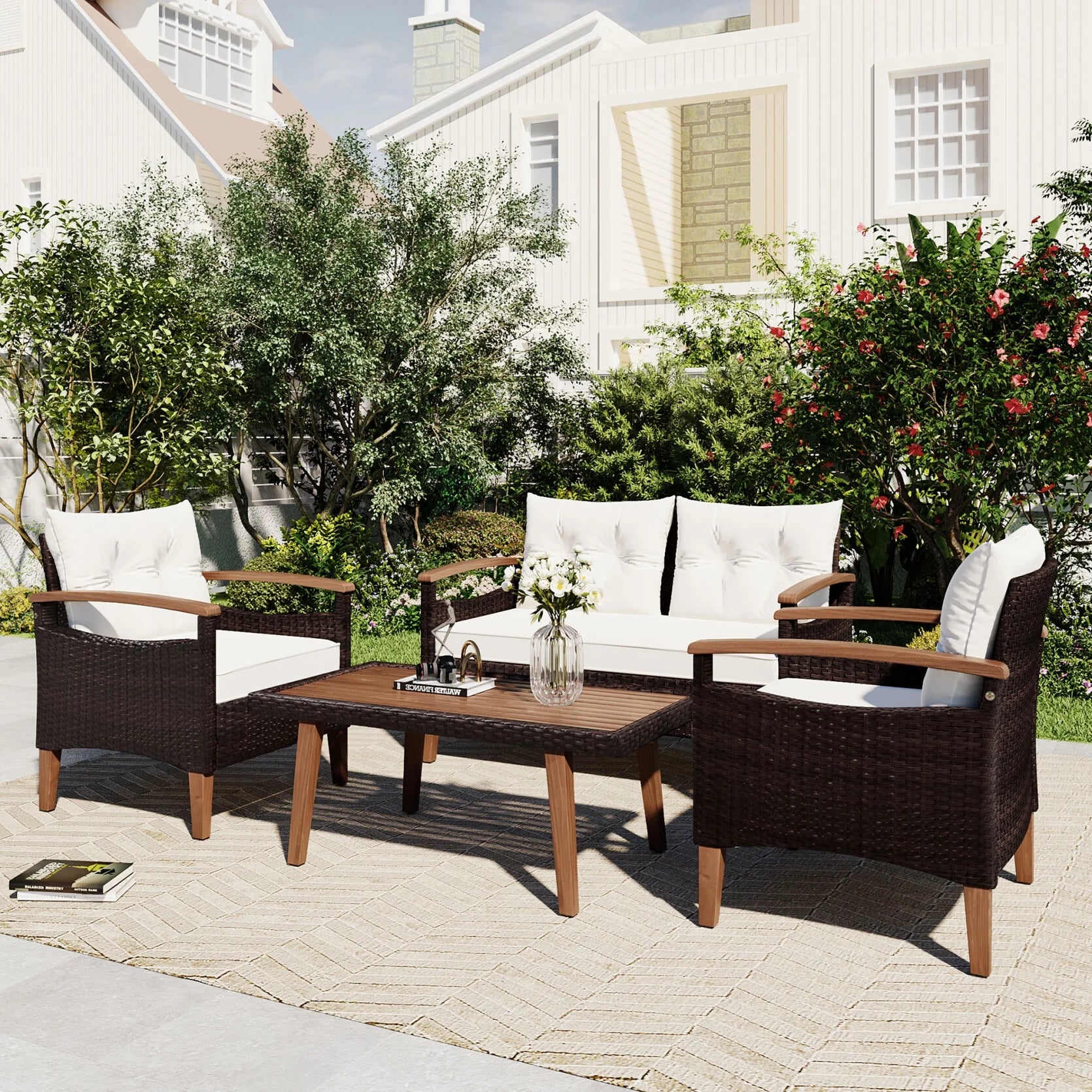 4 Piece Garden Furniture Set, Patio Seating Set with Wood Table, PE Rattan Sofa and 2 Chairs, Outdoor Conversation Set with Table Cover, Pillows and Adjustable Feet, Brown+Beige
